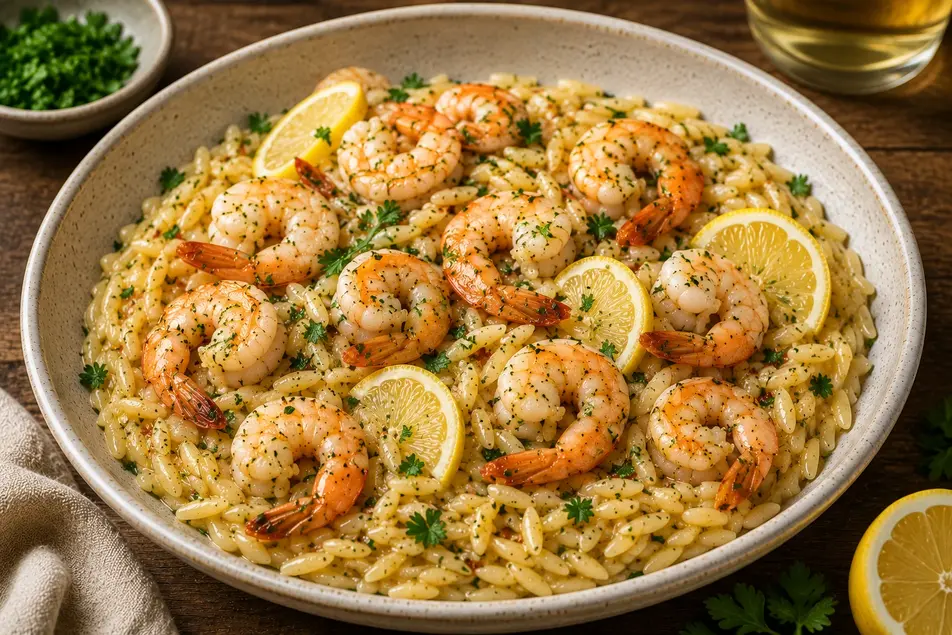Creamy Shrimp Scampi Orzo with garlic butter shrimp, lemon slices, parsley, and tender orzo served in a rustic bowl on a wooden table.
