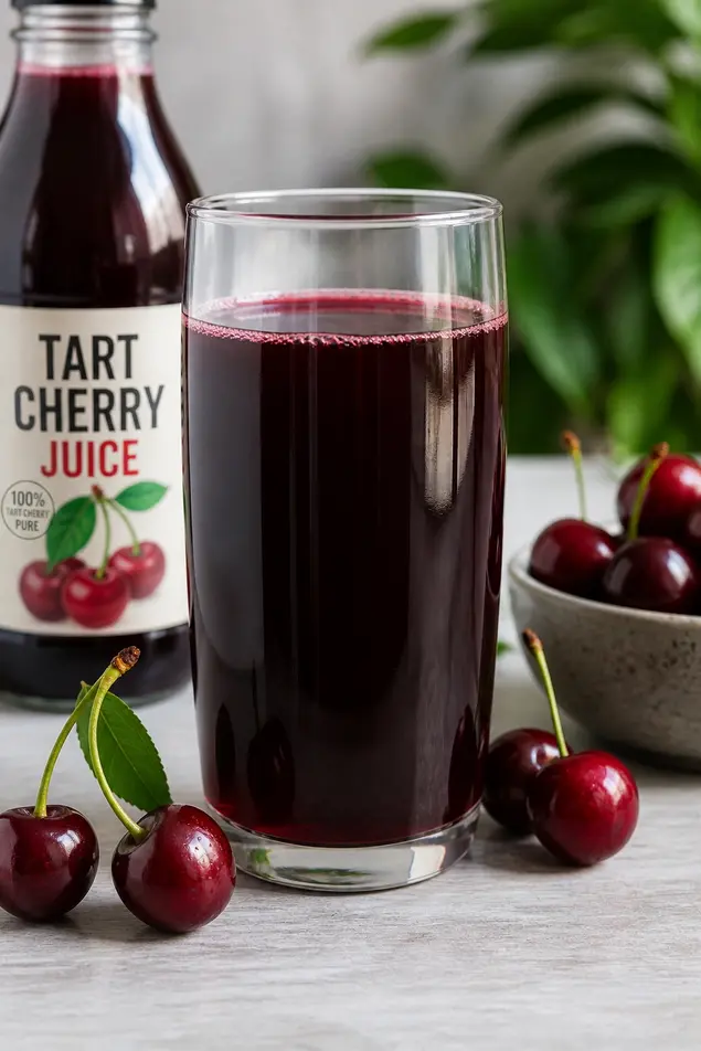 Glass of tart cherry juice on a kitchen table with fresh cherries and juice bottle in soft natural light.