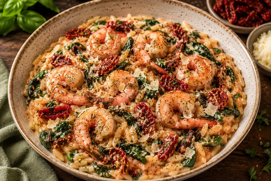 Creamy Tuscan Shrimp Orzo with spinach, sun-dried tomatoes, parmesan flakes, and juicy shrimp served in a rustic ceramic bowl on a cozy wooden table.