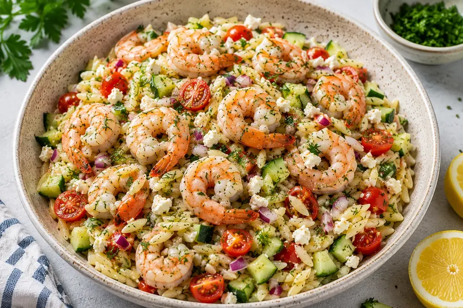 Fresh cold shrimp orzo salad with lemon herb dressing, cucumber, cherry tomatoes, feta cheese, and juicy shrimp served in a rustic ceramic bowl.