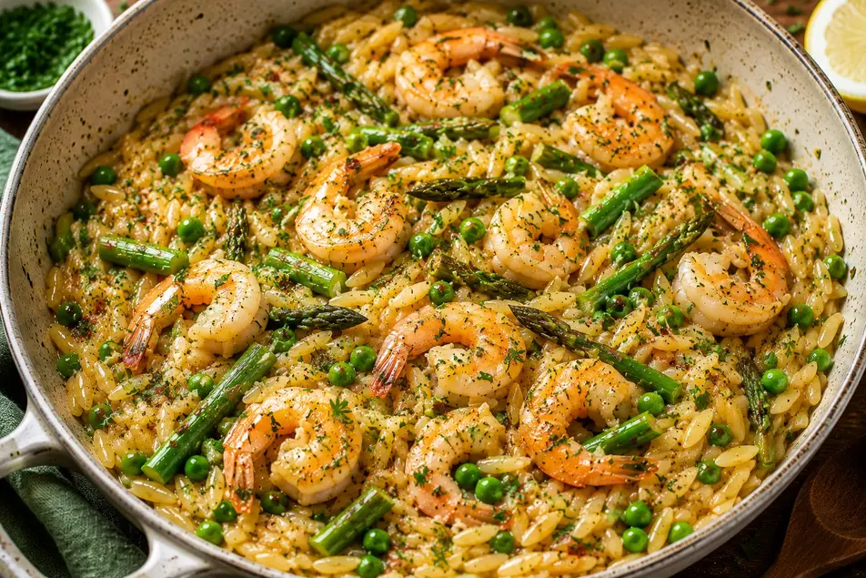 One-pan shrimp orzo with asparagus and peas cooked in a creamy sauce, topped with juicy shrimp and fresh herbs in a rustic skillet-style pan.