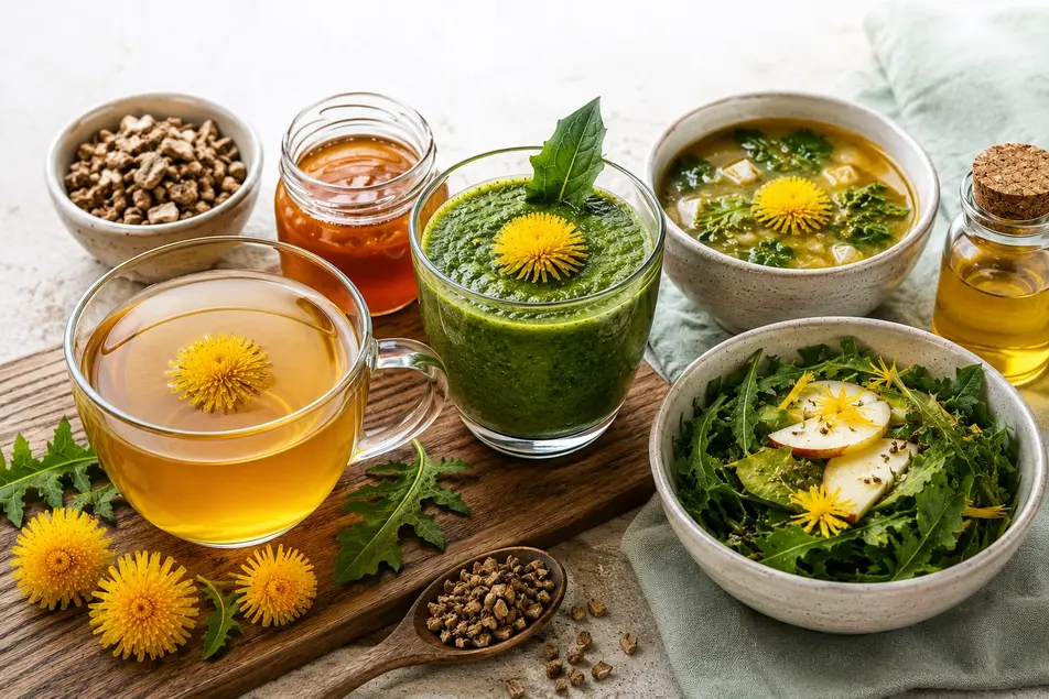 Healthy dandelion recipes for weight loss featuring detox tea, green smoothie, salad, soup, and natural ingredients on a rustic kitchen table