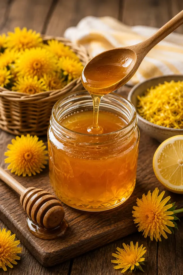 Homemade dandelion honey vegan syrup in a glass jar with fresh flowers and lemon on a rustic wooden table for natural weight loss recipes