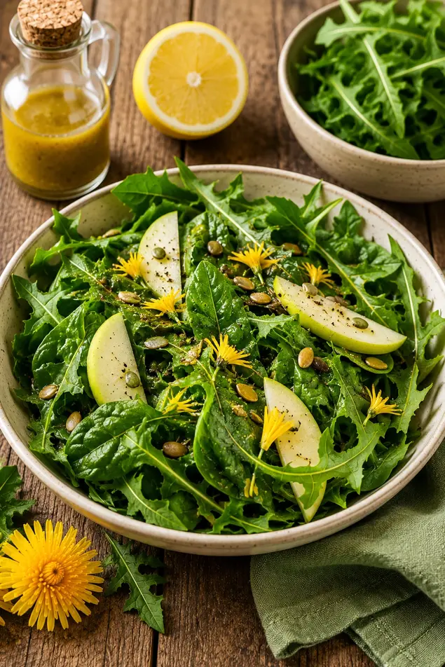 Fresh dandelion green salad with lemon dressing, apple slices, and herbs in a healthy rustic meal for natural weight loss support
