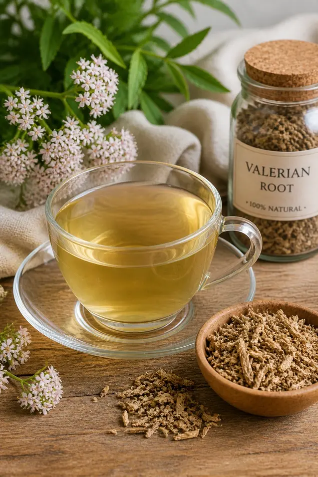 Glass cup of valerian root tea on a wooden kitchen table with dried root pieces and tea infuser in soft natural light.