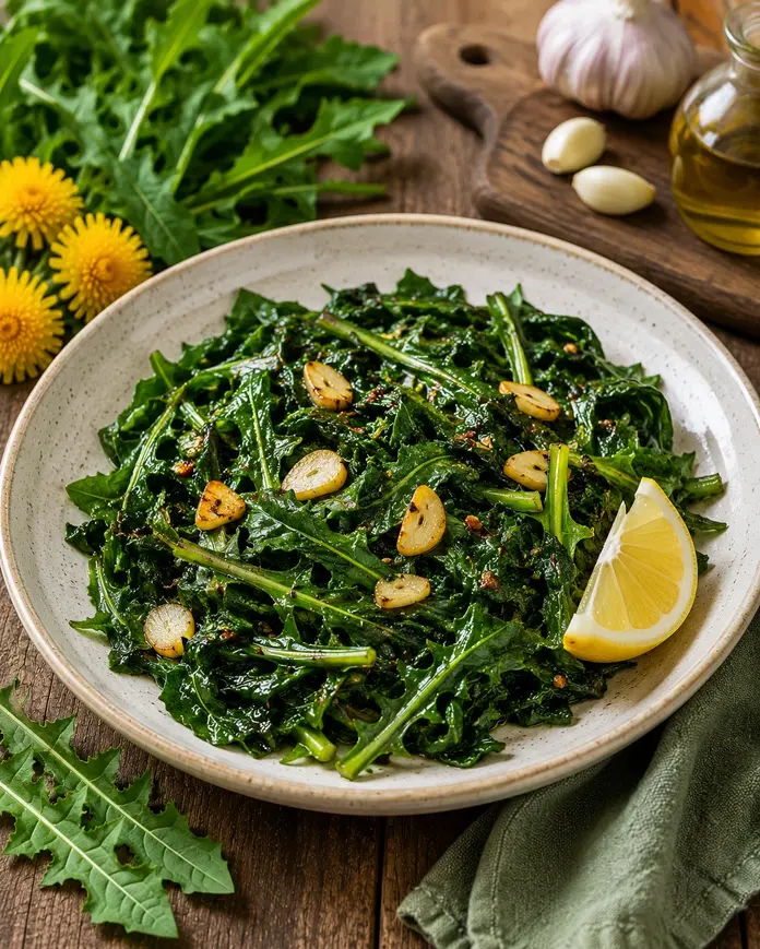 Sautéed dandelion greens with garlic and lemon served in a rustic bowl as a healthy low-calorie weight loss side dish