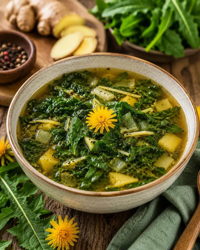 Dandelion and ginger weight loss soup with leafy greens and vegetables in a healthy rustic bowl for natural detox and digestion support