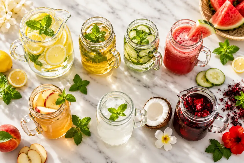 Summer drinks for weight loss featuring lemon water, green tea, cucumber mint water, watermelon juice, coconut water, and hibiscus tea on marble background.