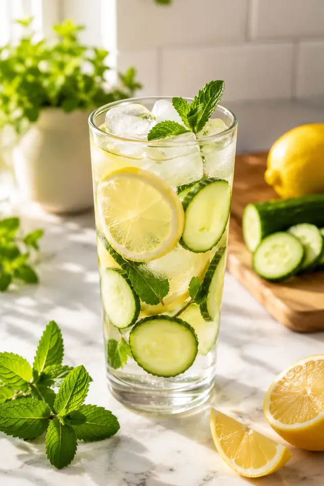 Summer drinks for weight loss featuring lemon water with cucumber slices, mint leaves, and ice cubes in a tall glass on a marble counter.