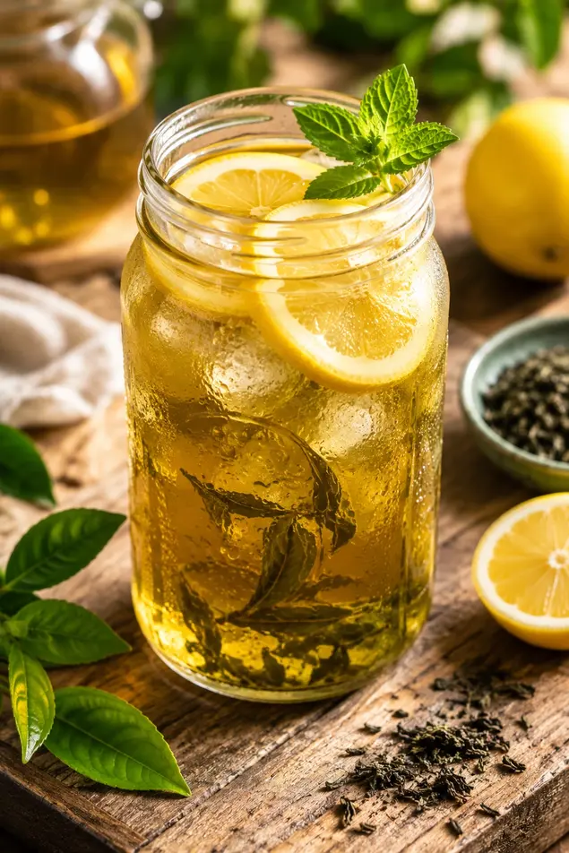 Summer drinks for weight loss featuring iced green tea with lemon slices and ice cubes in a mason jar on a rustic wooden table.