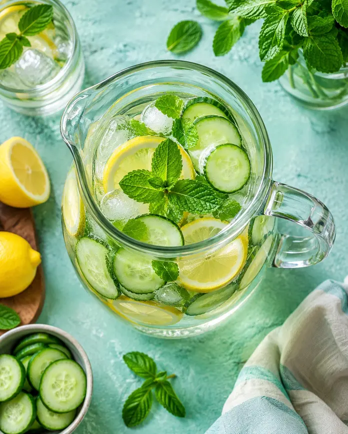 Summer drinks for weight loss featuring cucumber lemon mint infused water in a glass pitcher with ice on a light teal kitchen surface.