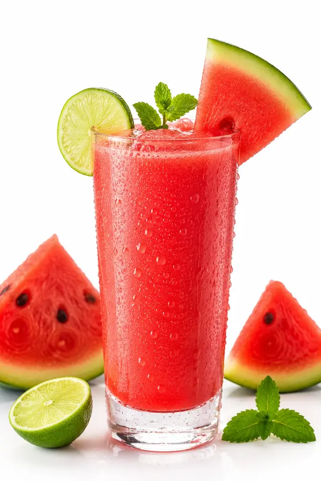Summer drinks for weight loss featuring fresh watermelon juice in a tall glass with lime wedges and watermelon slices on a white background.