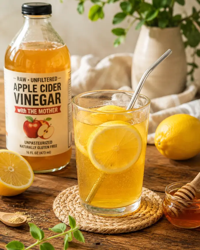 Summer drinks for weight loss featuring apple cider vinegar drink with lemon slices and a metal straw beside a raw ACV bottle on a rustic wooden surface.