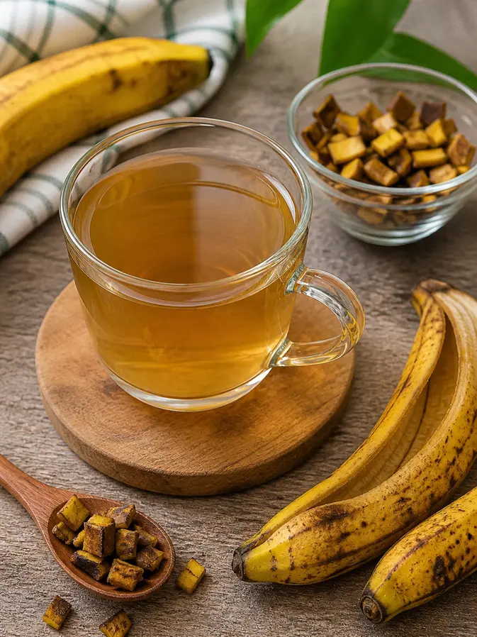 Glass cup of banana peel tea on a wooden kitchen table with fresh banana peels and sliced peel pieces in natural light.
