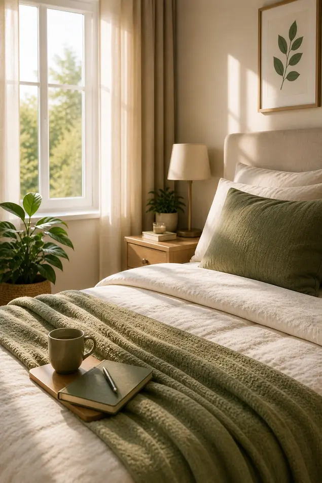 Bright minimalist bedroom with soft morning light, airy window, and cozy bed setup showing a cool and comfortable sleep environment for better fat burning at night.