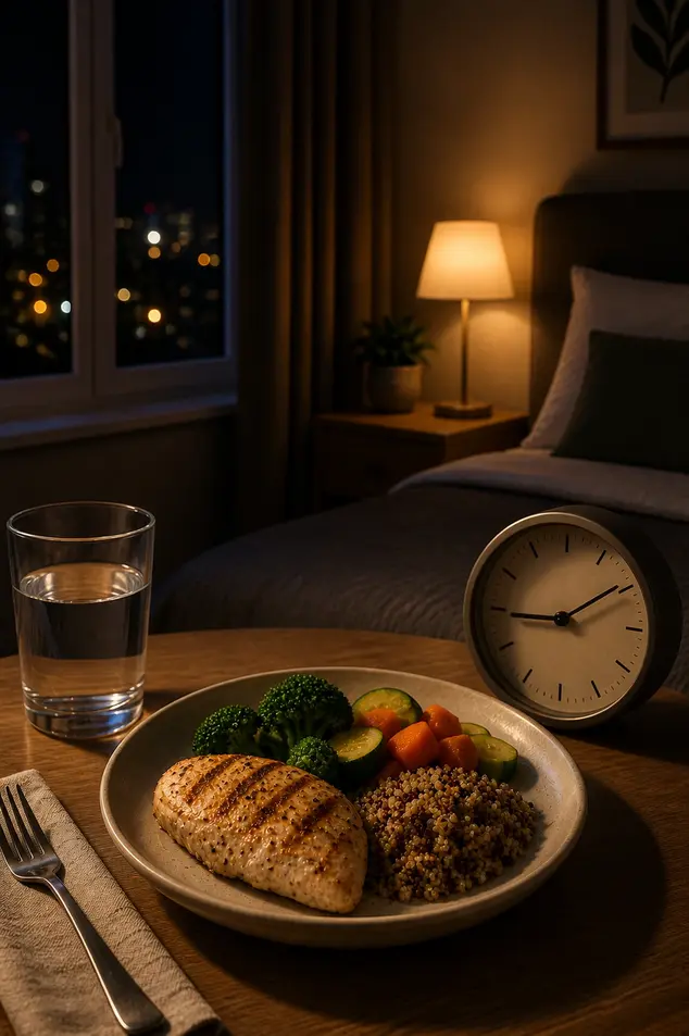 Healthy dinner plate with water and clock on bedside table in soft night lighting showing early dinner habit before sleep for better fat burning