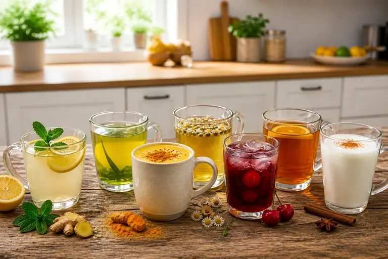 Assorted herbal drinks like lemon water, green tea, chamomile, and warm milk arranged on a wooden table in a cozy kitchen setting