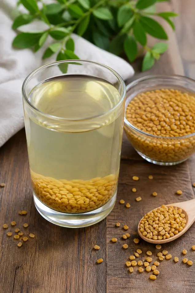 Glass of fenugreek seed water with soaked methi seeds on a wooden kitchen table with a bowl of seeds in natural light.