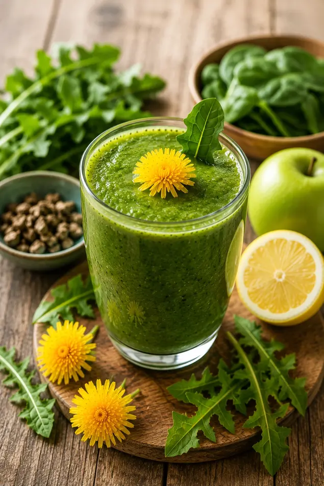 Dandelion detox green smoothie for weight loss with fresh greens, lemon, and apple in a healthy rustic kitchen setting