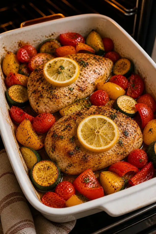 Baked lemon herb chicken with roasted vegetables in white dish for weight loss dinner