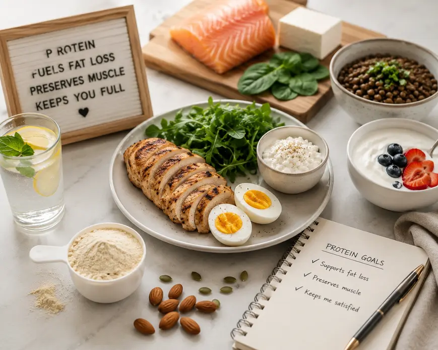 High-protein foods including grilled chicken, eggs, Greek yogurt, cottage cheese, lentils, and tofu supporting healthy weight loss and muscle maintenance.