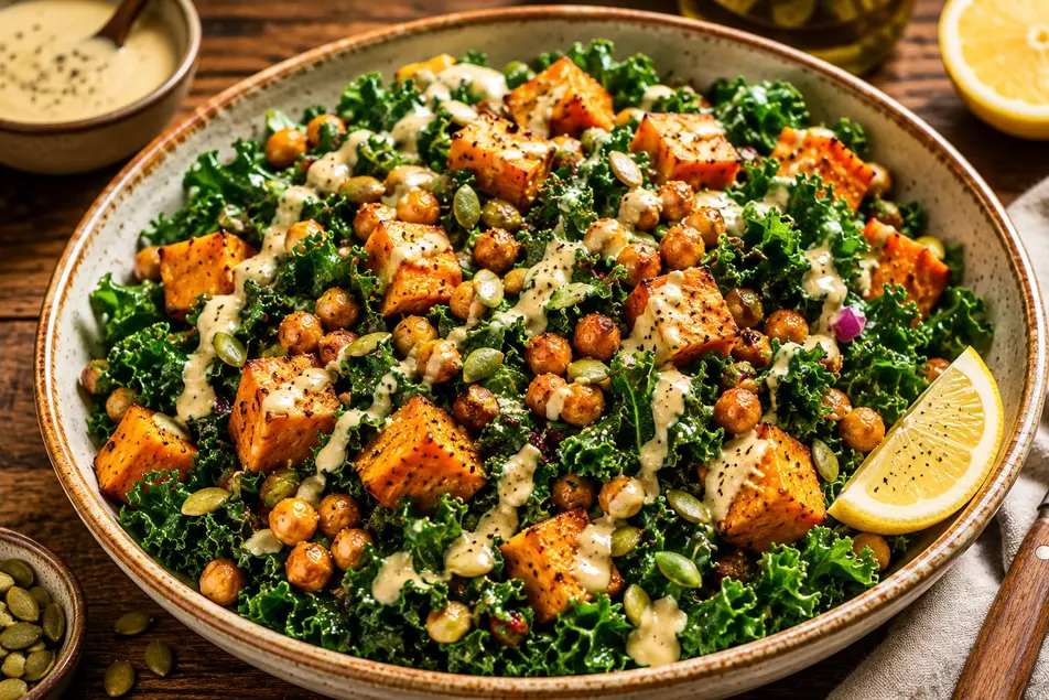 Kale salad with roasted sweet potato, crispy chickpeas, pumpkin seeds, and creamy tahini lemon dressing in a rustic bowl on a wooden table.