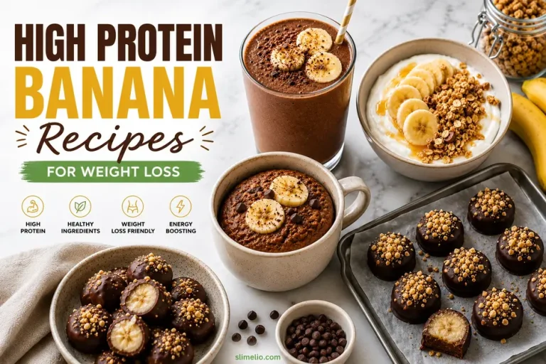 High-protein banana recipes for weight loss featuring smoothies, yogurt bowls, mug muffins, and chocolate banana bites in a healthy breakfast collage.