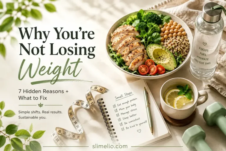 Healthy weight loss feature image with nutritious meal, measuring tape, herbal tea, dumbbells, and wellness essentials illustrating why you're not losing weight.