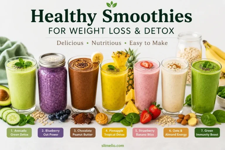 Best healthy breakfast smoothies for weight loss with protein, fiber, oats, berries, avocado, pineapple, spinach, and peanut butter.
