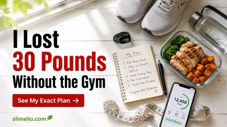 Flat lay weight loss plan with walking shoes, healthy meal prep, water bottle, fitness tracker and journal showing how to lose weight without a gym.