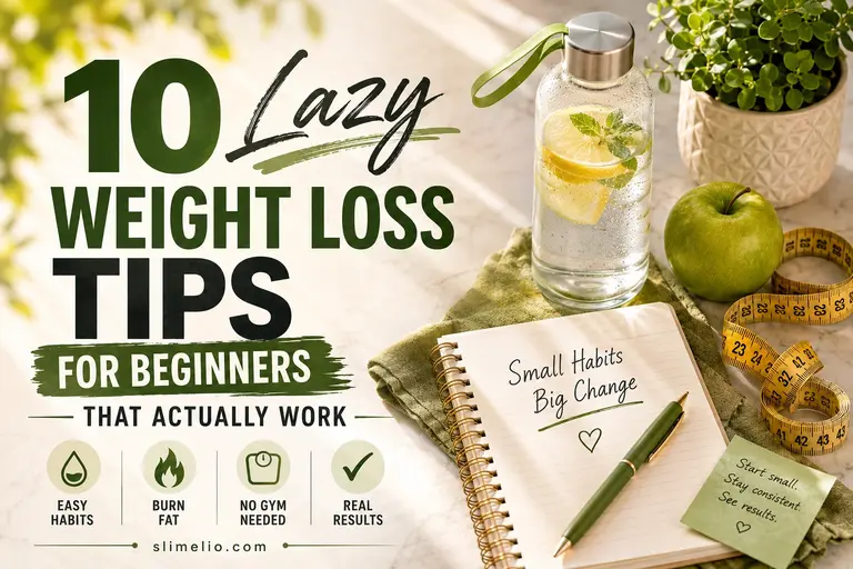 10 lazy weight loss tips for beginners featuring water, green apple, measuring tape, and healthy habits for natural weight loss.