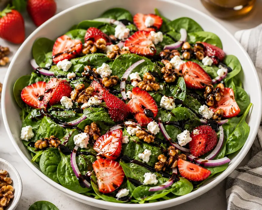 Strawberry spinach salad with fresh strawberries, baby spinach, candied walnuts, red onion, goat cheese, and balsamic glaze in a white bowl.