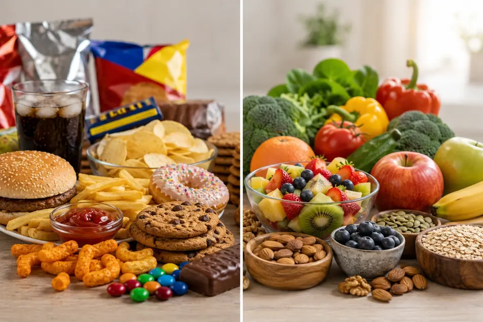 Processed food vs natural food comparison showing chips, sweets and fast food alongside fruits, vegetables, nuts and oats.