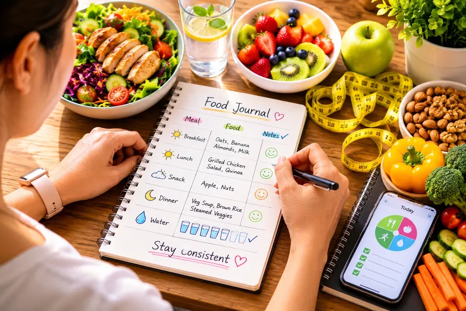 Person tracking meals in a food journal with healthy foods, supporting mindful eating, weight loss, nutrition awareness, and healthy habits.