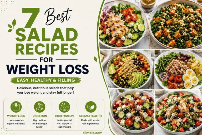 7 best salad recipes for weight loss feature image with healthy salad bowls, weight loss benefits, high protein meals, digestion support, and clean eating ingredients.