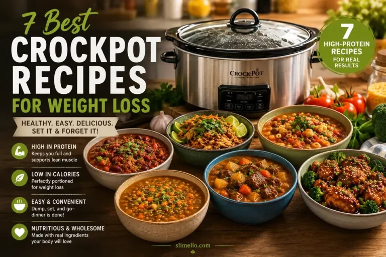 Crockpot surrounded by seven healthy slow cooker meals including soups, chili, chicken, lentils, and stew for weight loss.