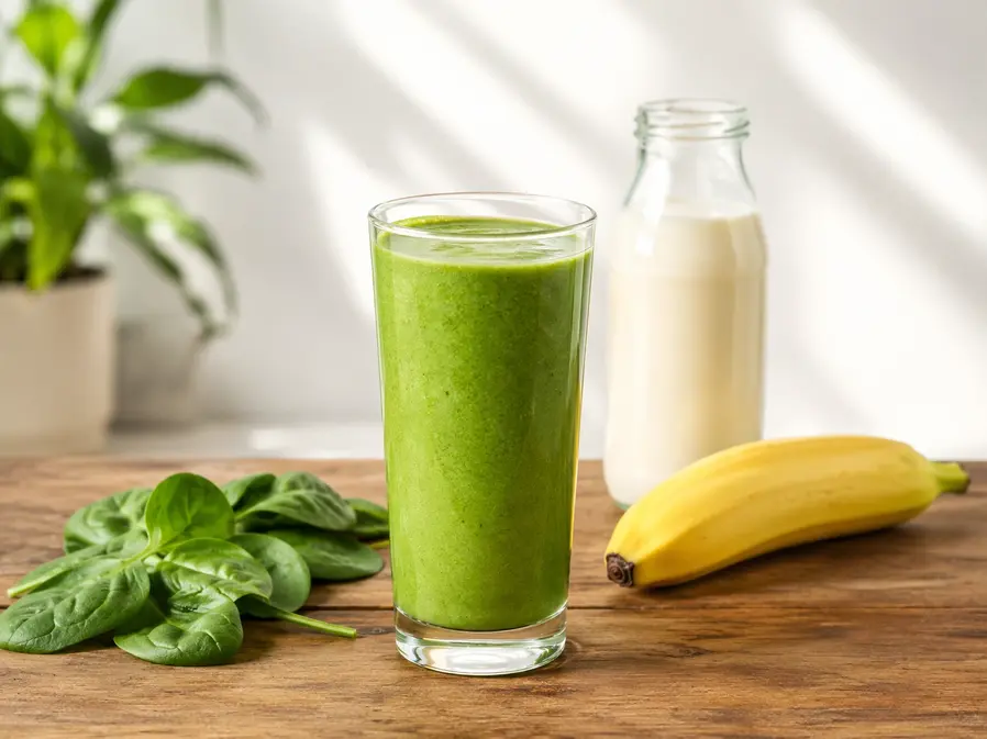 Classic green weight loss smoothie in a tall glass with fresh spinach, banana, and almond milk on a wooden table