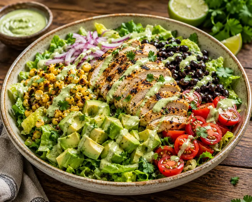 Grilled chicken Southwest salad with avocado, black beans, roasted corn, cherry tomatoes, romaine lettuce, and creamy lime-cilantro dressing.
