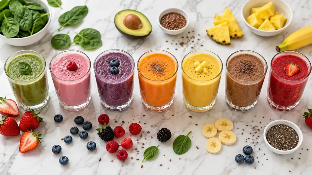 7 healthy breakfast smoothies for weight loss arranged on a white marble surface with spinach, berries, banana, avocado, and seeds.