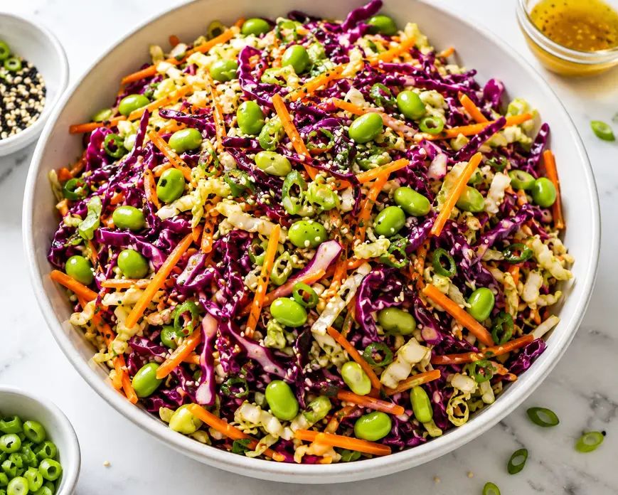 Asian sesame cabbage salad with purple cabbage, green cabbage, carrots, edamame, green onions, sesame seeds, and sesame-ginger dressing.