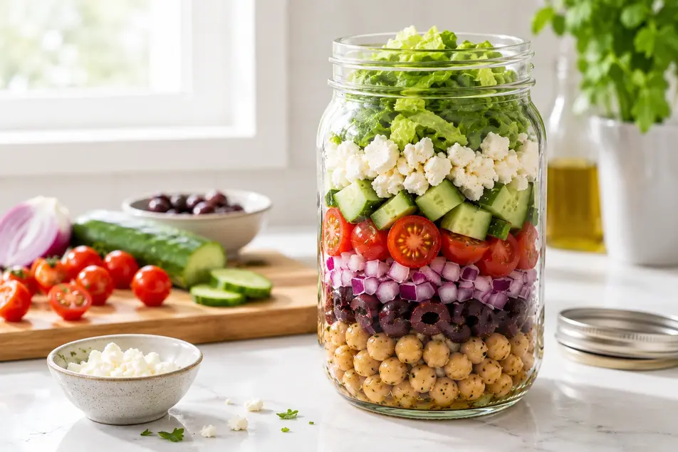 Greek mason jar salad layered with chickpeas, olives, red onion, tomatoes, cucumber, feta cheese, and romaine lettuce on a bright kitchen counter.