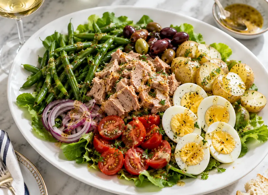 Tuna Nicoise salad with tuna, boiled eggs, green beans, baby potatoes, cherry tomatoes, Kalamata olives, and Dijon vinaigrette on a white plate.
