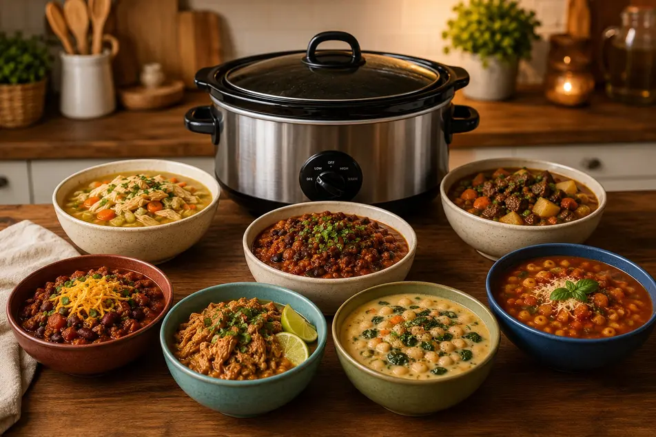 Crockpot surrounded by seven healthy slow cooker meals including soups, chili, shredded chicken, and stew on a cozy kitchen counter.