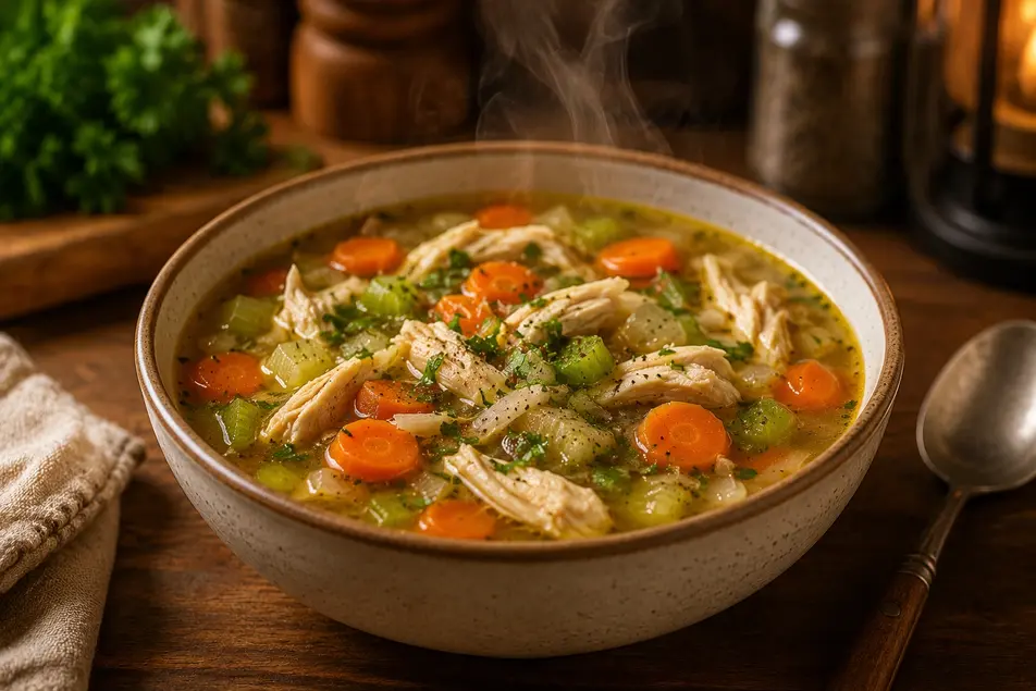 Steaming chicken and vegetable soup with shredded chicken, carrots, and celery in a rustic bowl on a wooden table.
