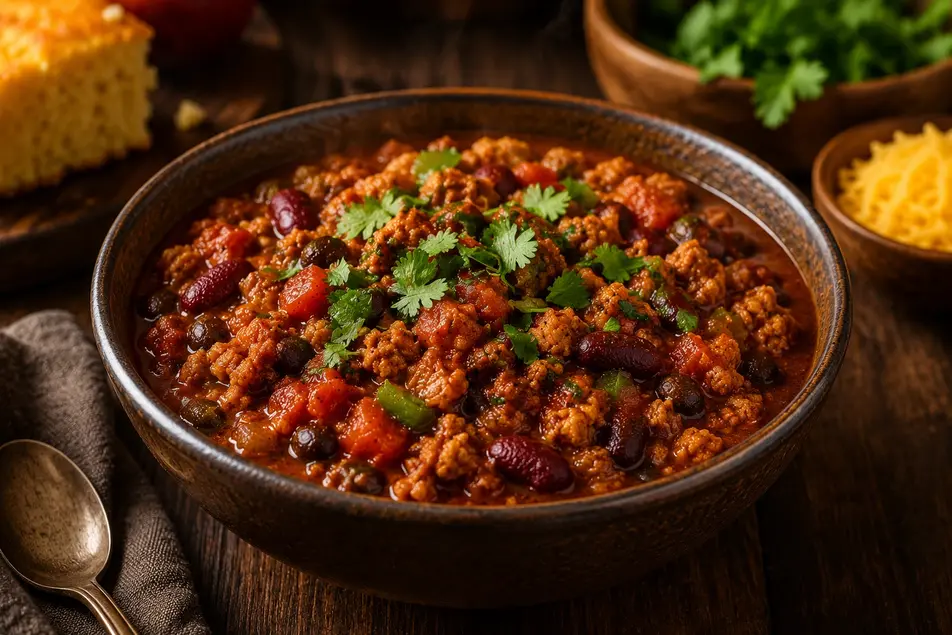 Hearty turkey chili with beans, tomatoes, and fresh cilantro in a rustic bowl on a dark wooden table.