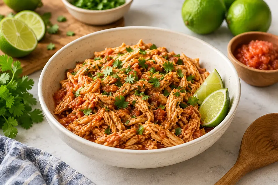 Shredded salsa chicken topped with fresh cilantro and lime wedges in a bowl on a bright kitchen counter.
