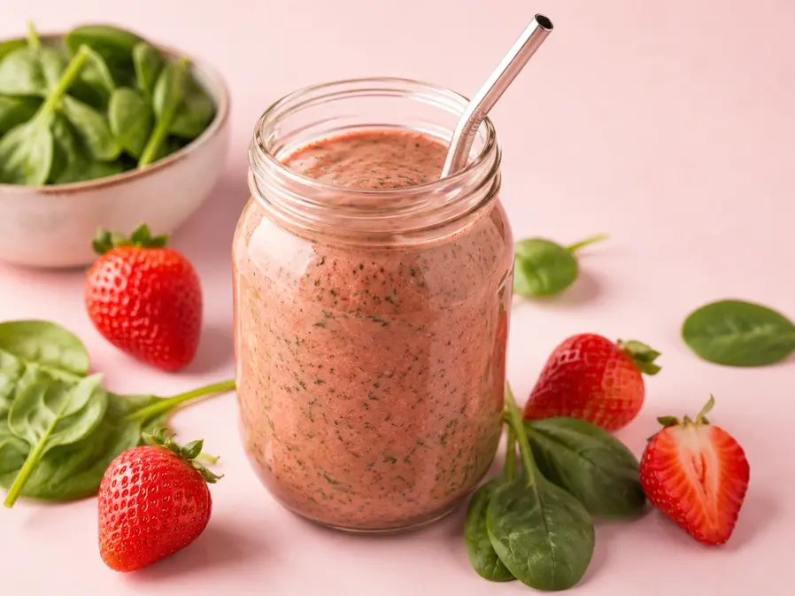 Strawberry banana spinach smoothie in a mason jar with a metal straw, fresh strawberries, and baby spinach on a light pink background.