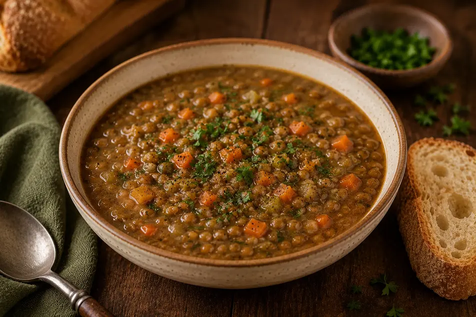Thick lentil soup with carrots and herbs served in a rustic bowl with crusty bread on a wooden table.