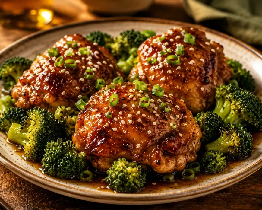 Glazed honey garlic chicken thighs topped with sesame seeds and green onions, served with steamed broccoli.