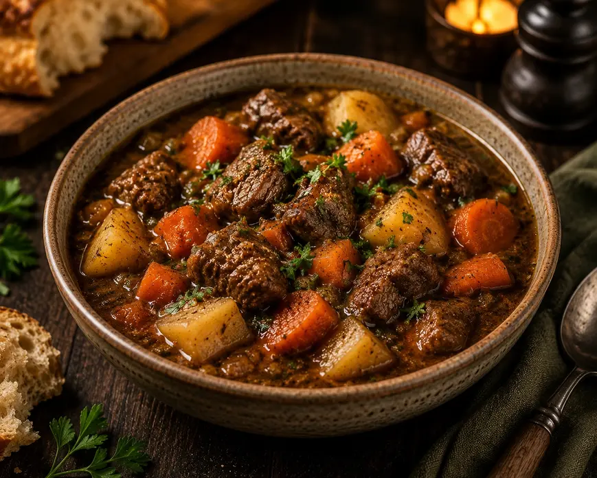 Beef stew with tender beef chunks, potatoes, carrots, and parsley in a rich broth on a rustic wooden table.